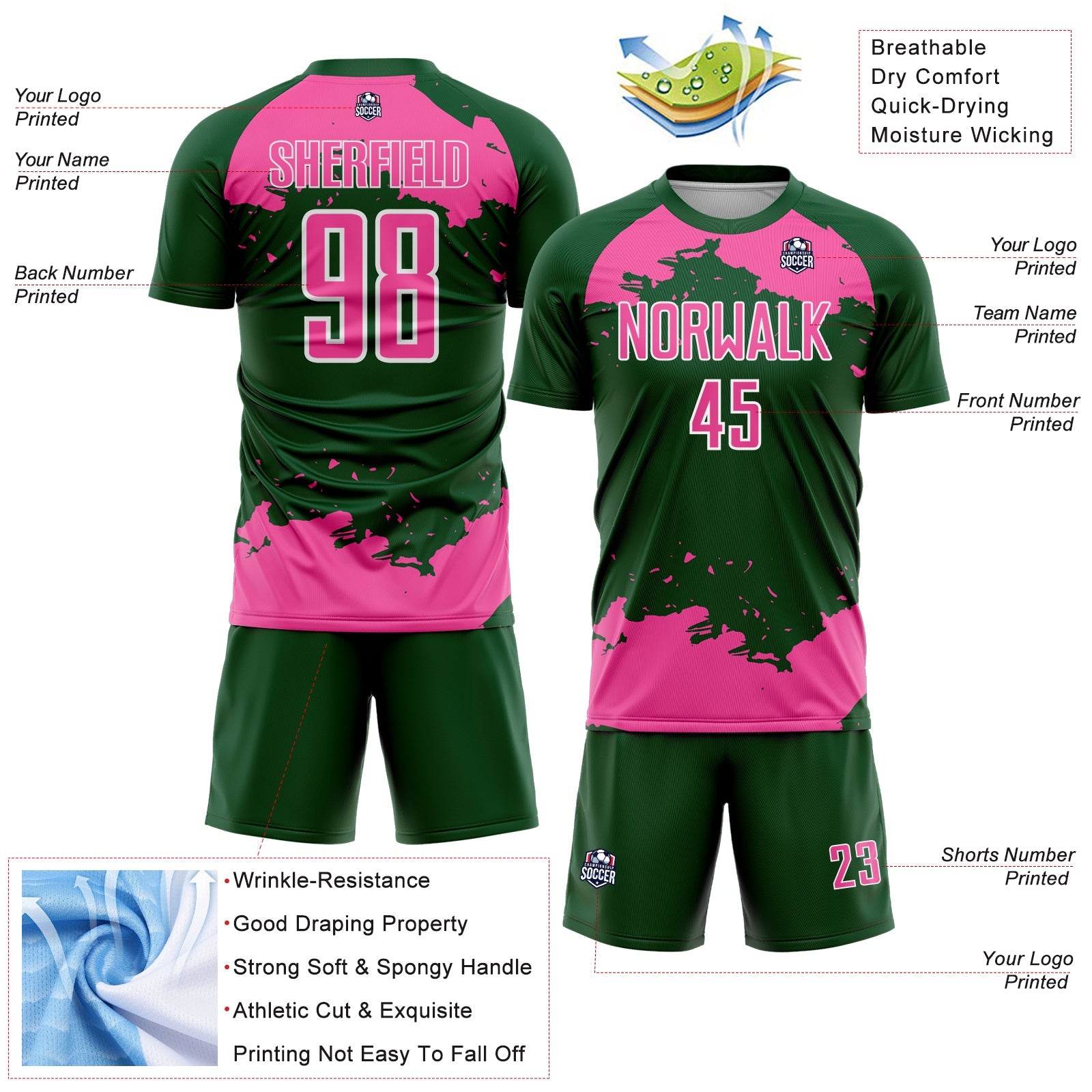 Custom Green Pink-White Abstract Fragment Art Sublimation Soccer Uniform Jersey