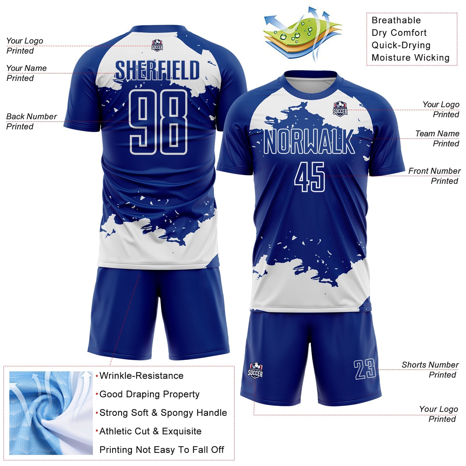 Custom Royal White Abstract Fragment Art Sublimation Soccer Uniform Jersey