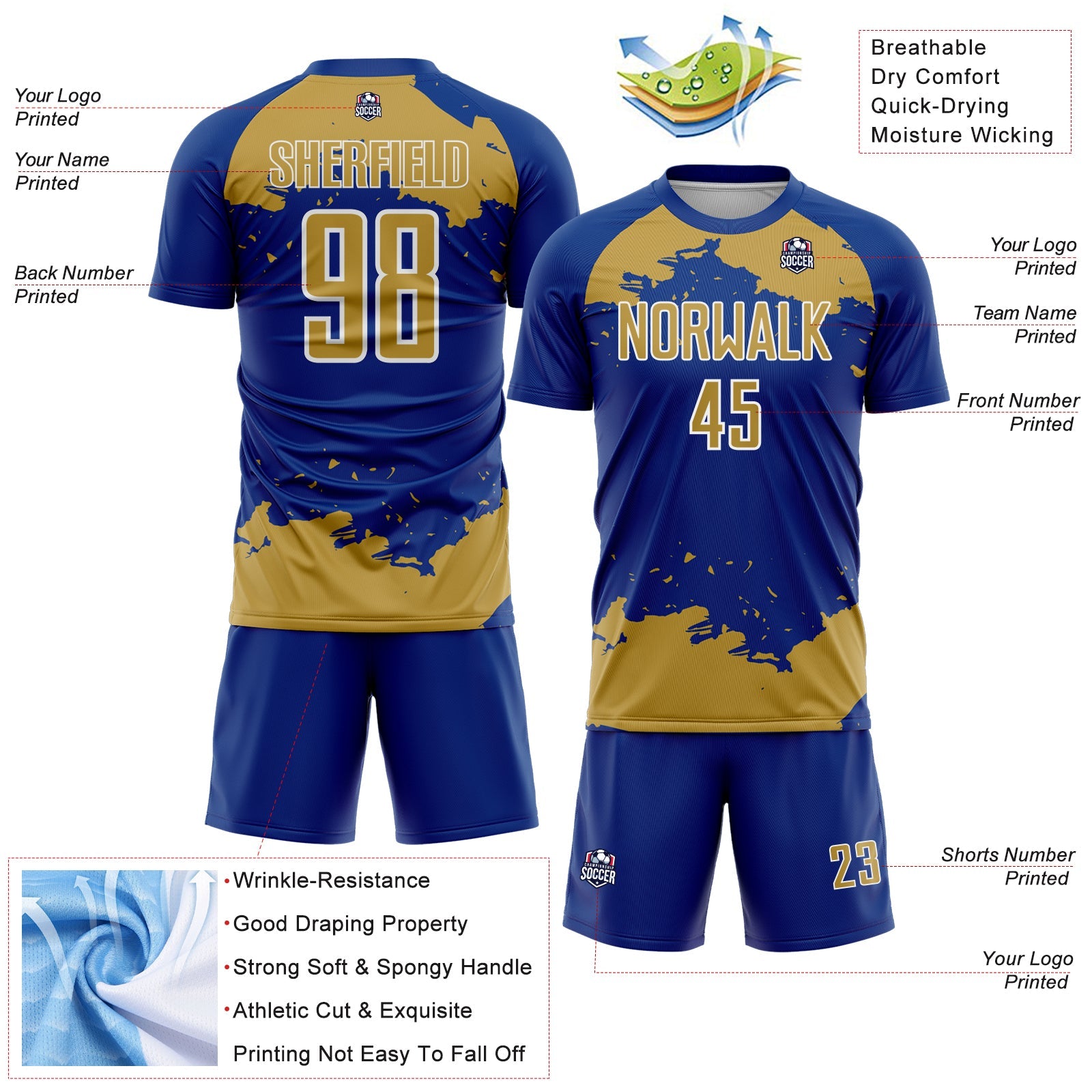 Custom Royal Old Gold-White Abstract Fragment Art Sublimation Soccer Uniform Jersey