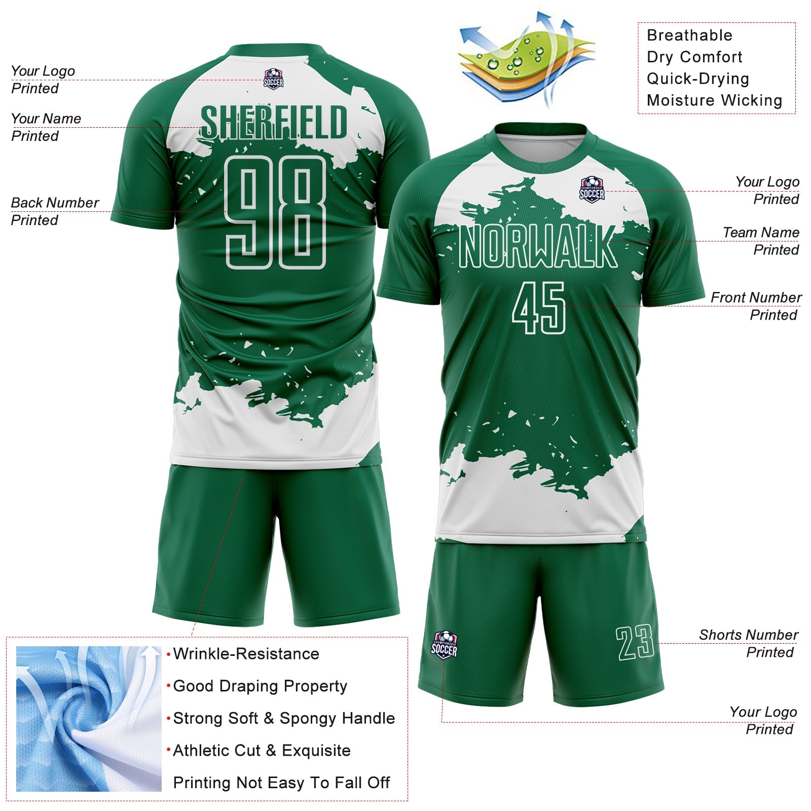 Custom Kelly Green White Abstract Fragment Art Sublimation Soccer Uniform Jersey