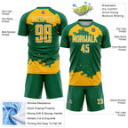 Custom Kelly Green Gold-White Abstract Fragment Art Sublimation Soccer Uniform Jersey