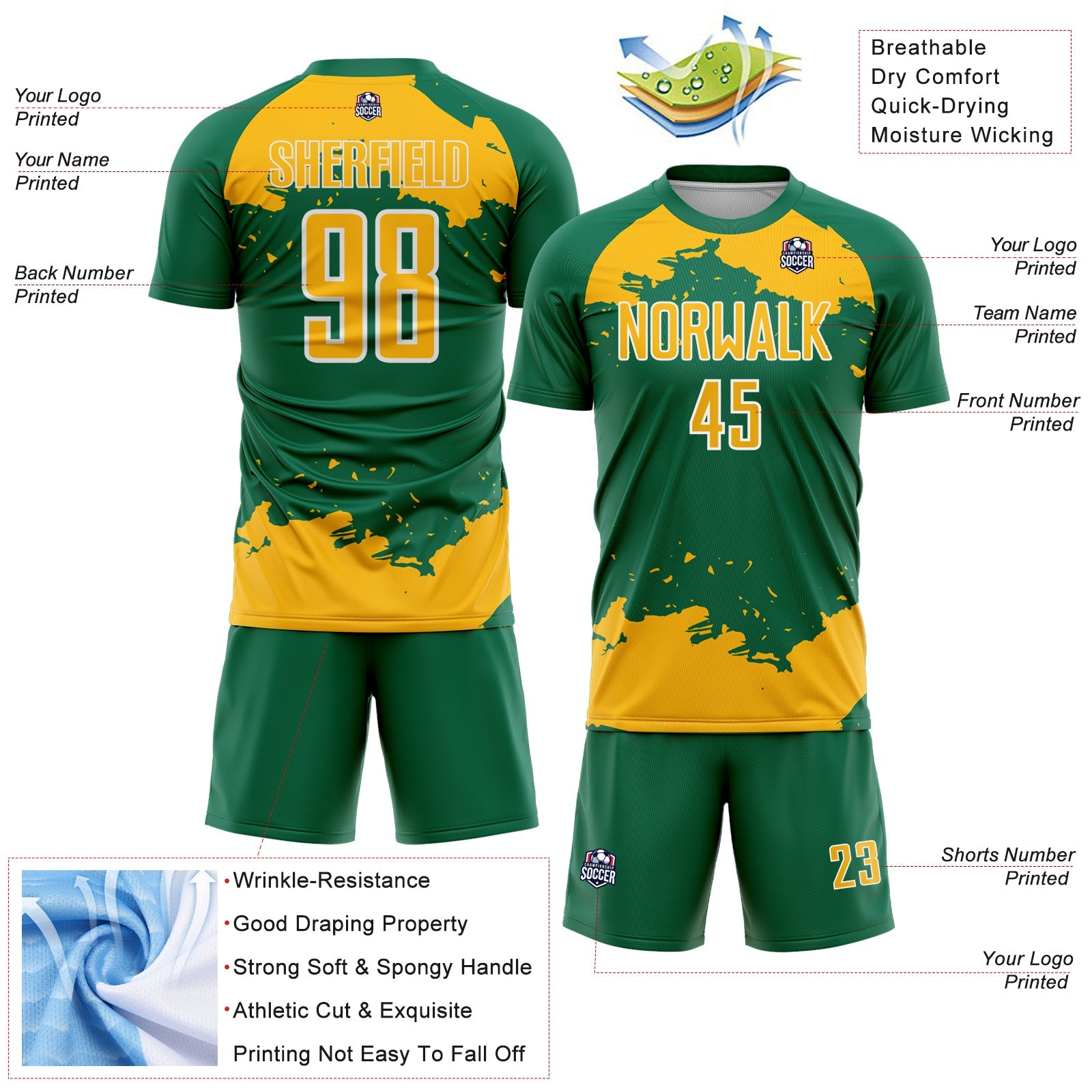 Custom Kelly Green Gold-White Abstract Fragment Art Sublimation Soccer Uniform Jersey