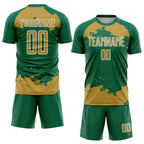 Custom Kelly Green Old Gold-White Abstract Fragment Art Sublimation Soccer Uniform Jersey