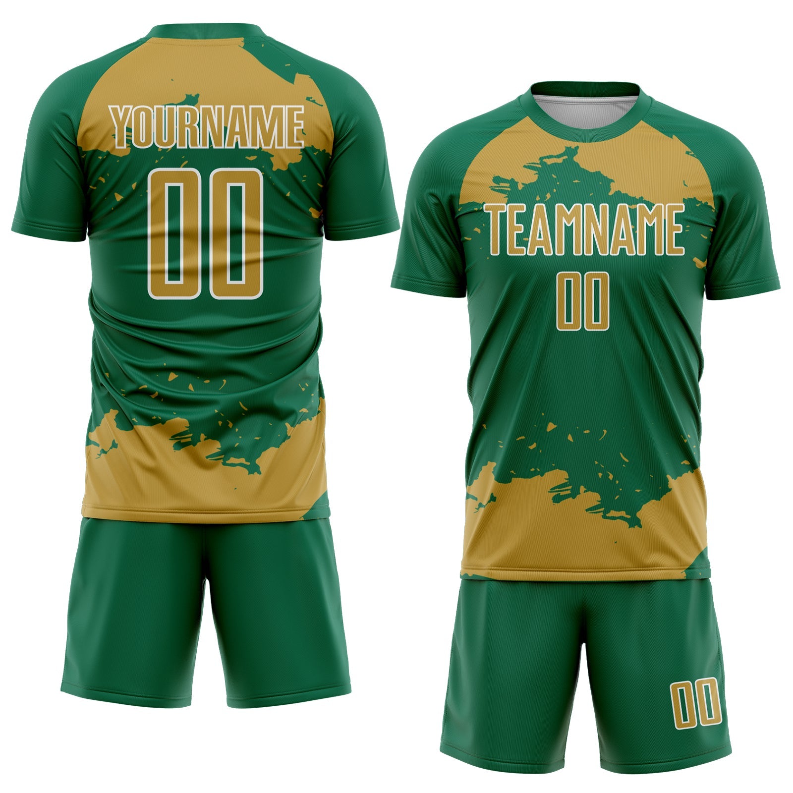 Custom Kelly Green Old Gold-White Abstract Fragment Art Sublimation Soccer Uniform Jersey