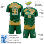 Custom Kelly Green Old Gold-White Abstract Fragment Art Sublimation Soccer Uniform Jersey