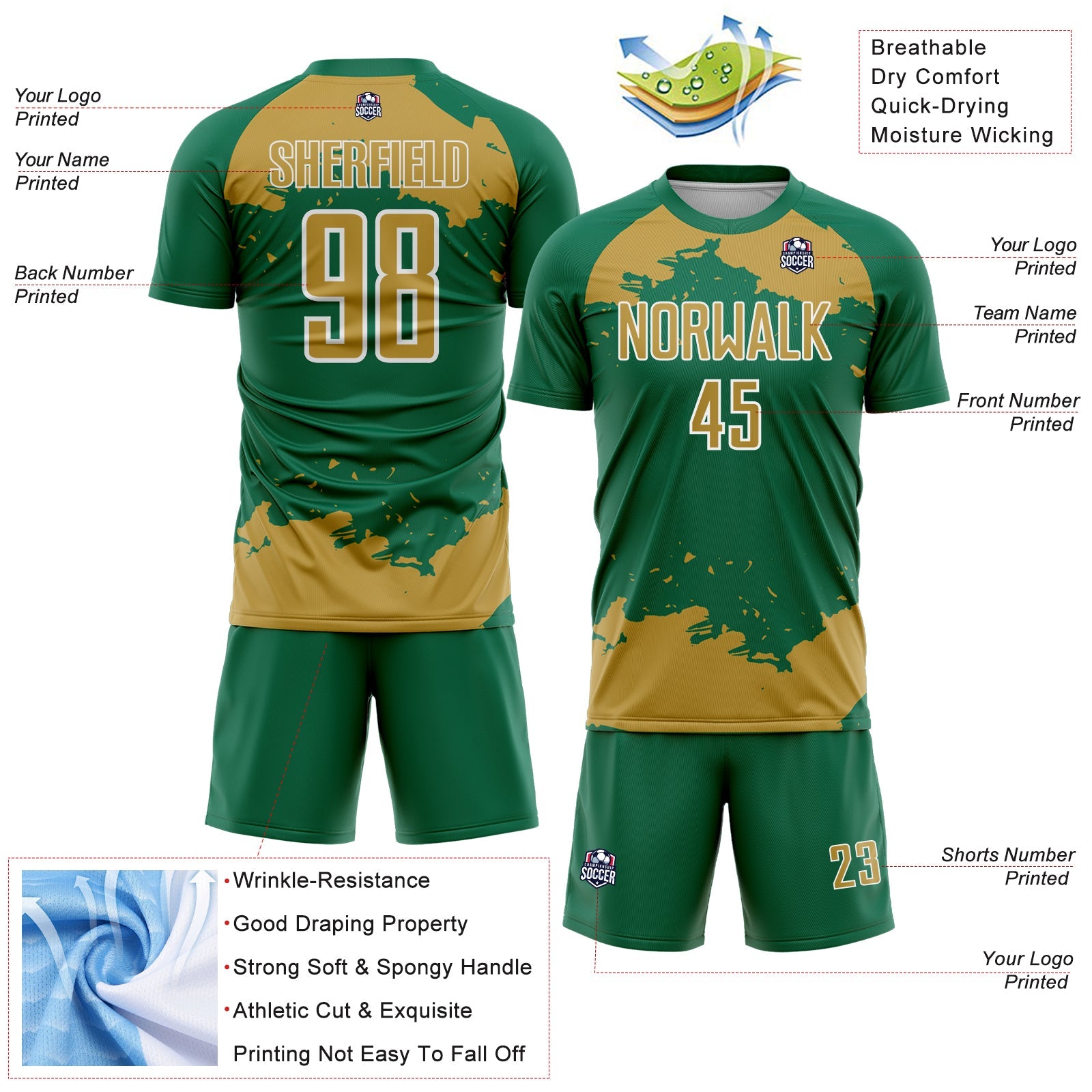 Custom Kelly Green Old Gold-White Abstract Fragment Art Sublimation Soccer Uniform Jersey