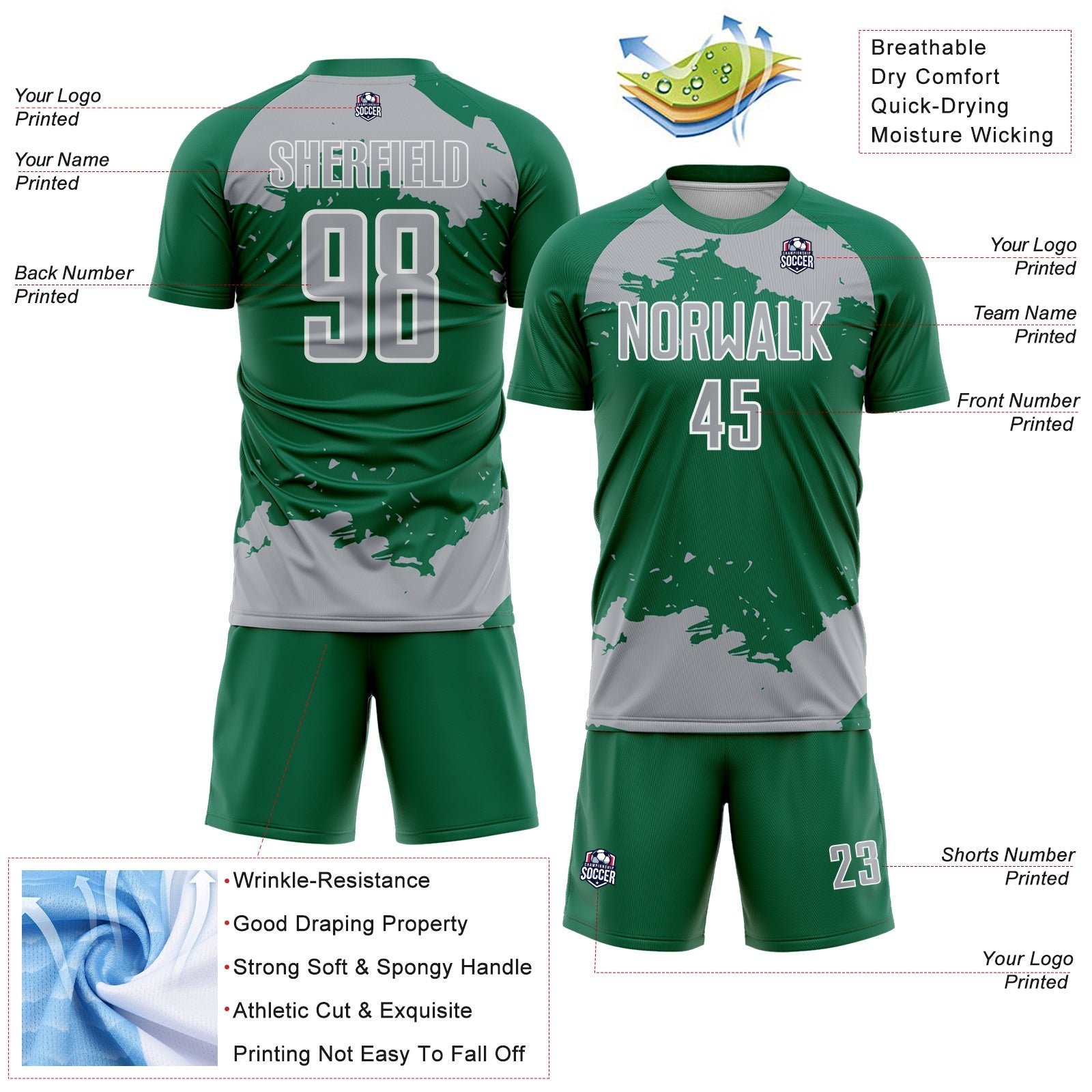 Custom Kelly Green Gray-White Abstract Fragment Art Sublimation Soccer Uniform Jersey