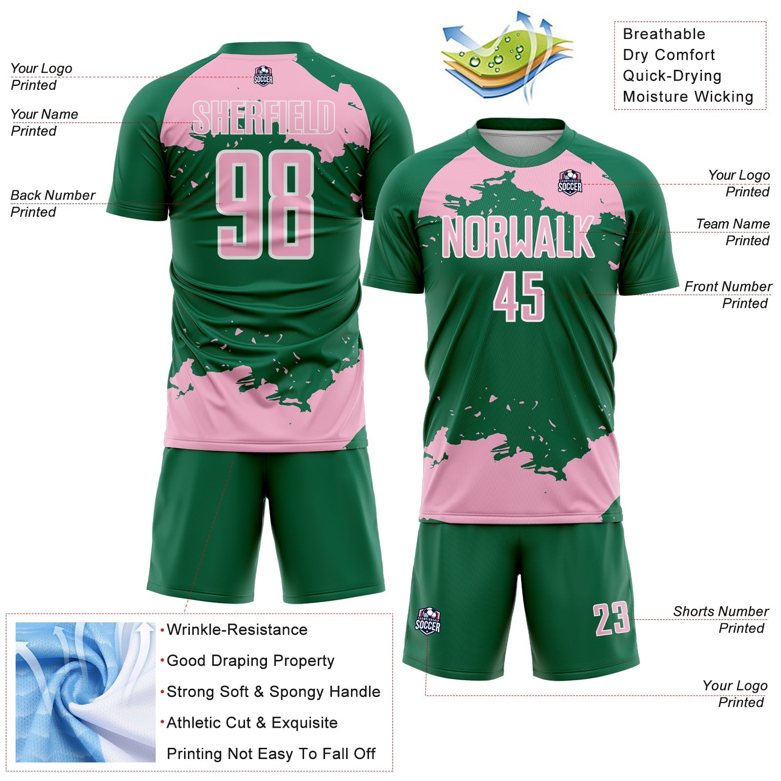 Custom Kelly Green Light Pink-White Abstract Fragment Art Sublimation Soccer Uniform Jersey