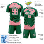 Custom Kelly Green Medium Pink-White Abstract Fragment Art Sublimation Soccer Uniform Jersey