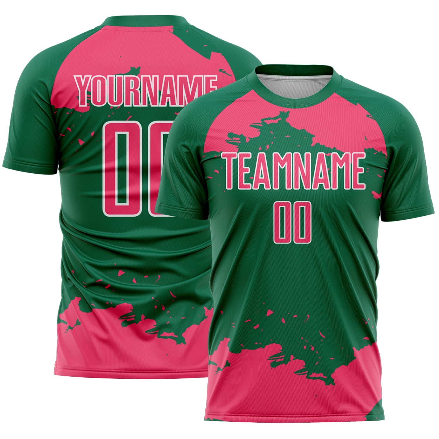 Custom Kelly Green Neon Pink-White Abstract Fragment Art Sublimation Soccer Uniform Jersey