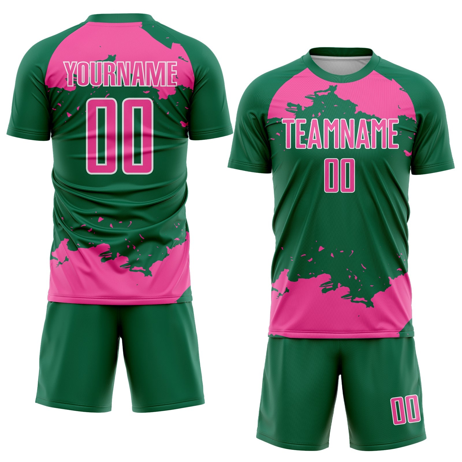 Custom Kelly Green Pink-White Abstract Fragment Art Sublimation Soccer Uniform Jersey