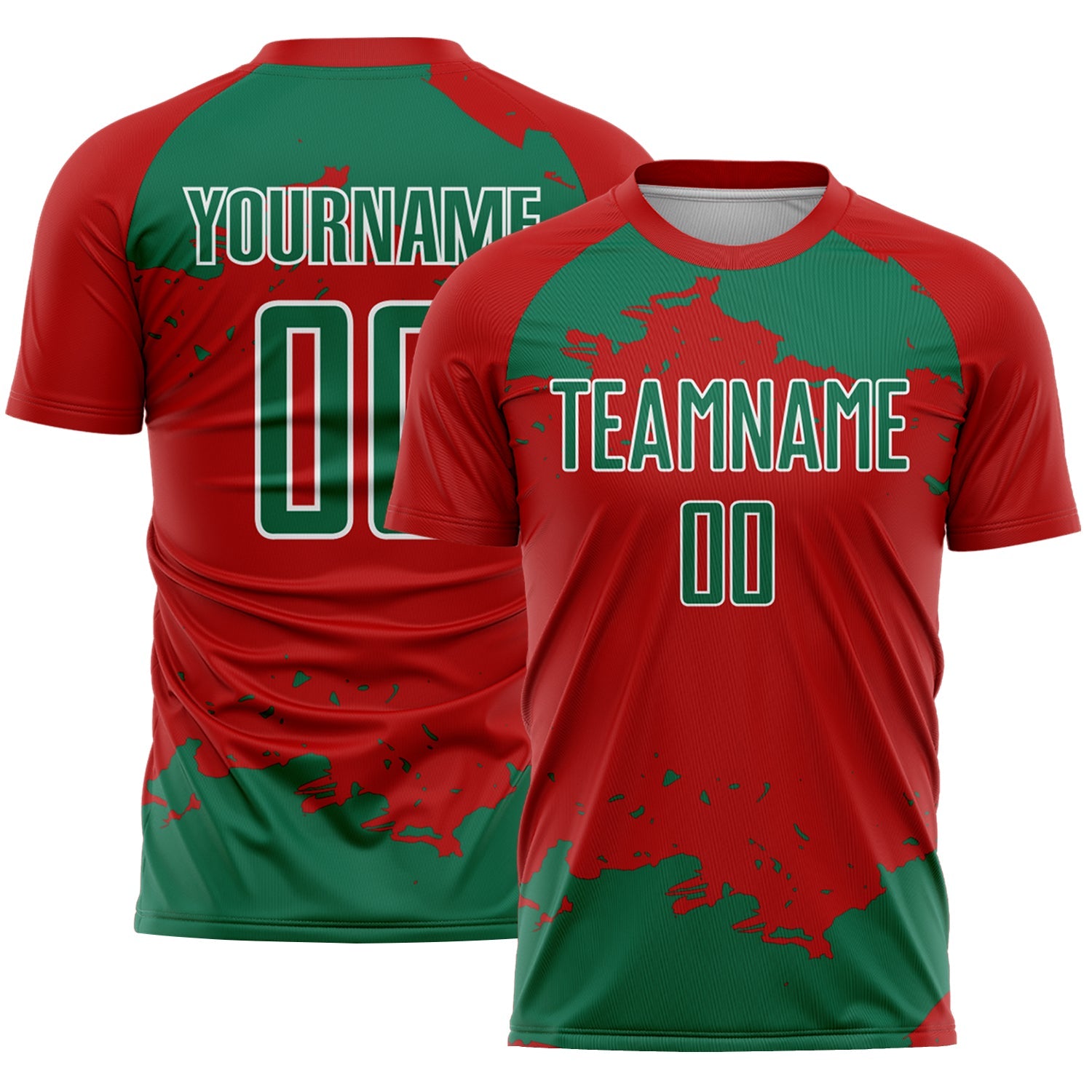 Custom Red Kelly Green-White Abstract Fragment Art Sublimation Soccer Uniform Jersey
