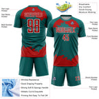 Custom Teal Red-White Abstract Fragment Art Sublimation Soccer Uniform Jersey