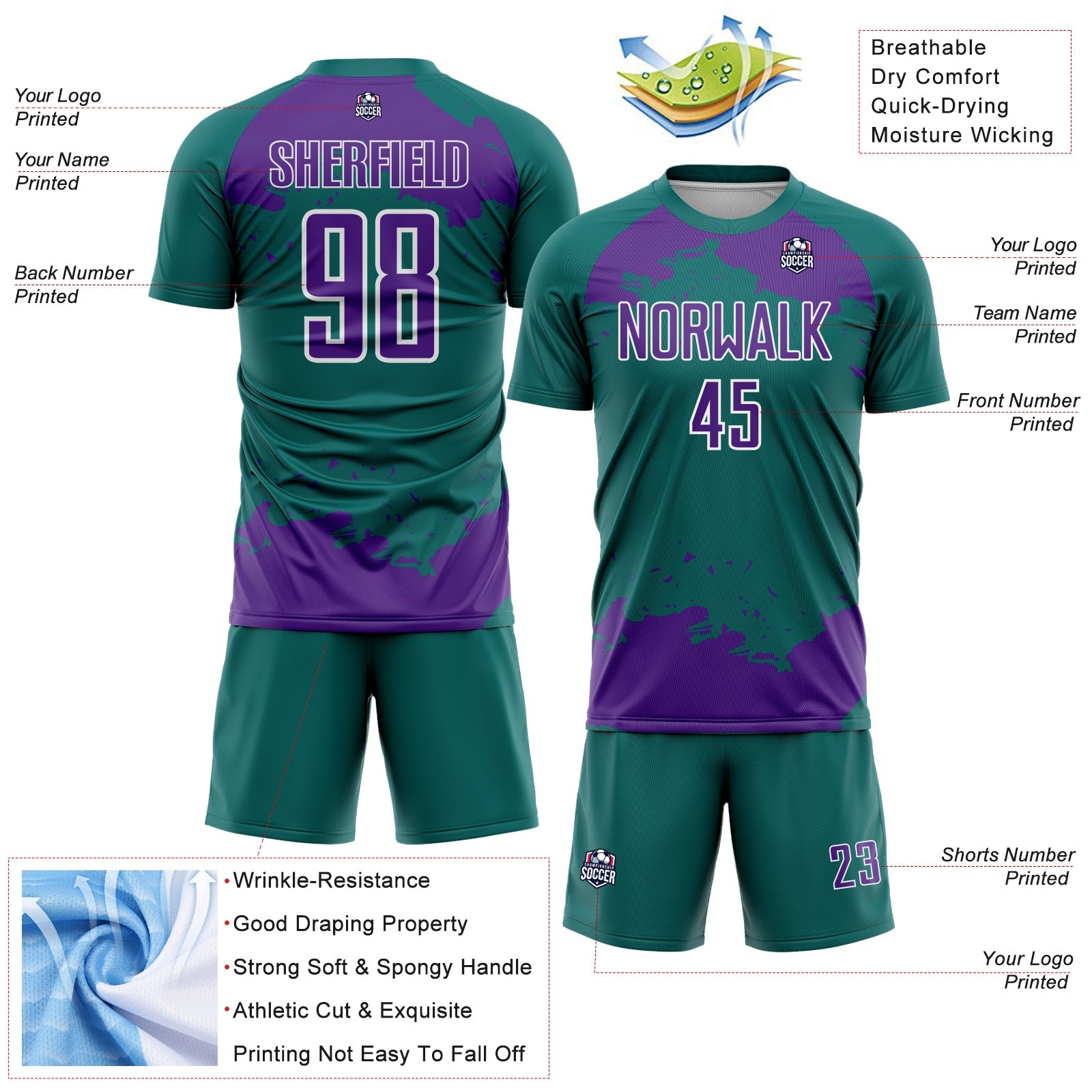 Custom Teal Purple-White Abstract Fragment Art Sublimation Soccer Uniform Jersey