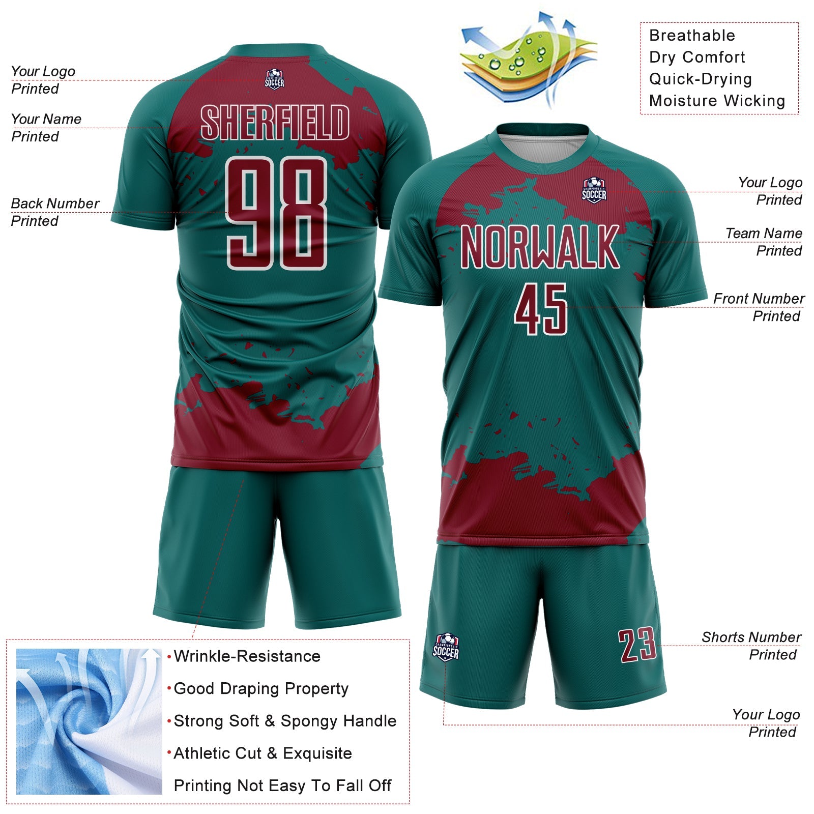 Custom Teal Crimson-White Abstract Fragment Art Sublimation Soccer Uniform Jersey