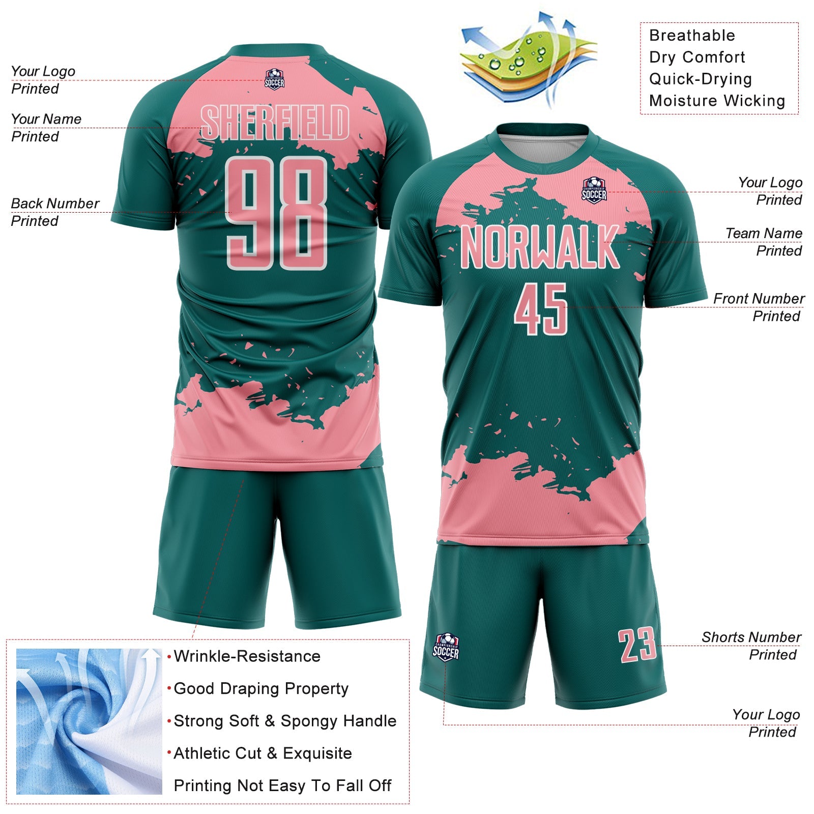 Custom Teal Medium Pink-White Abstract Fragment Art Sublimation Soccer Uniform Jersey