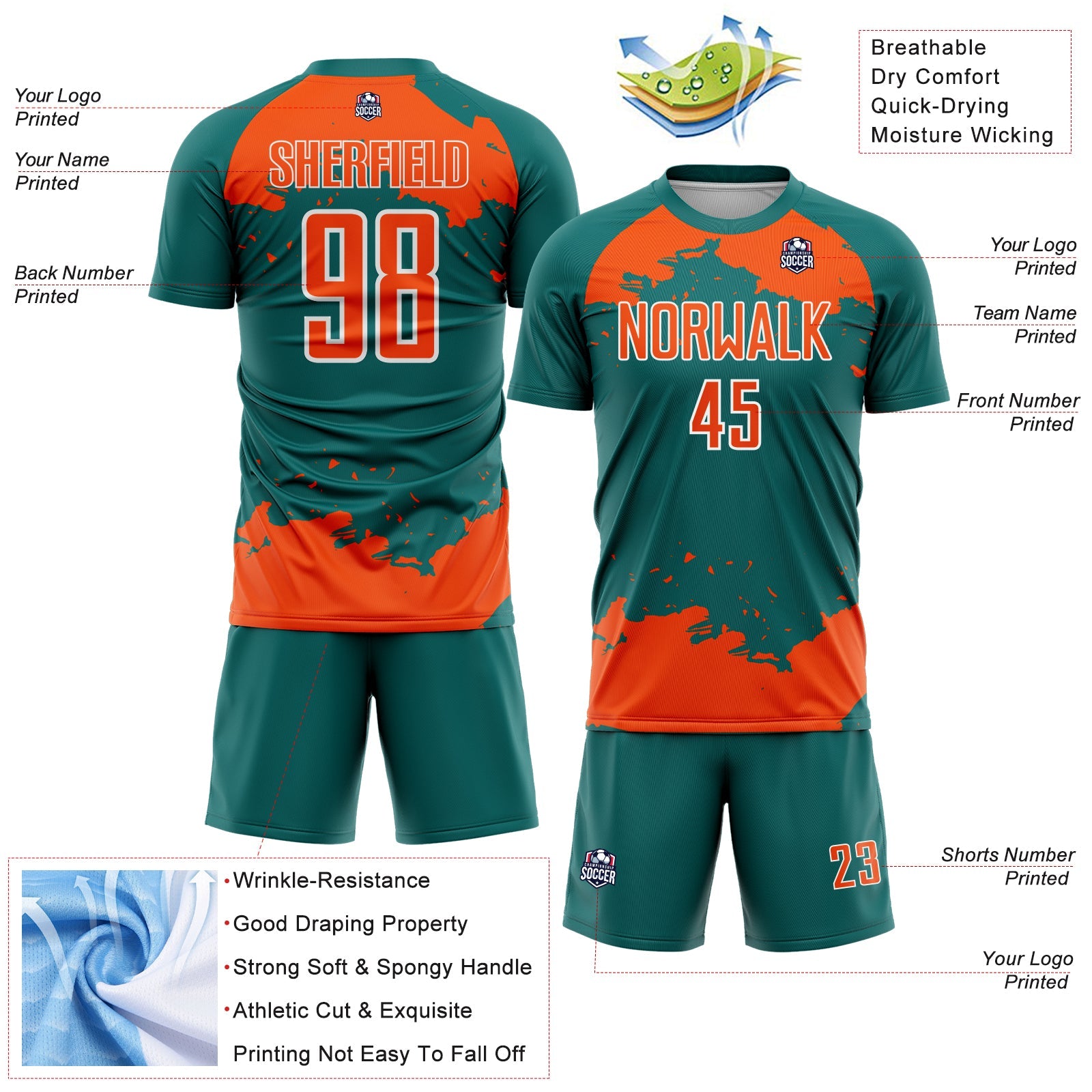 Custom Teal Orange-White Abstract Fragment Art Sublimation Soccer Uniform Jersey