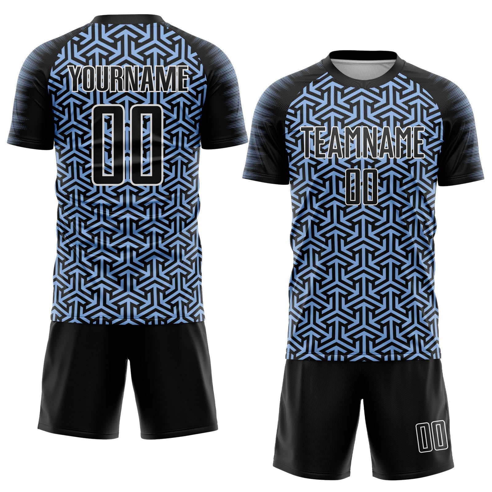 Custom Black Light Blue-White Geometric Arrow Sublimation Soccer Uniform Jersey