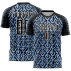 Custom Black Light Blue-White Geometric Arrow Sublimation Soccer Uniform Jersey