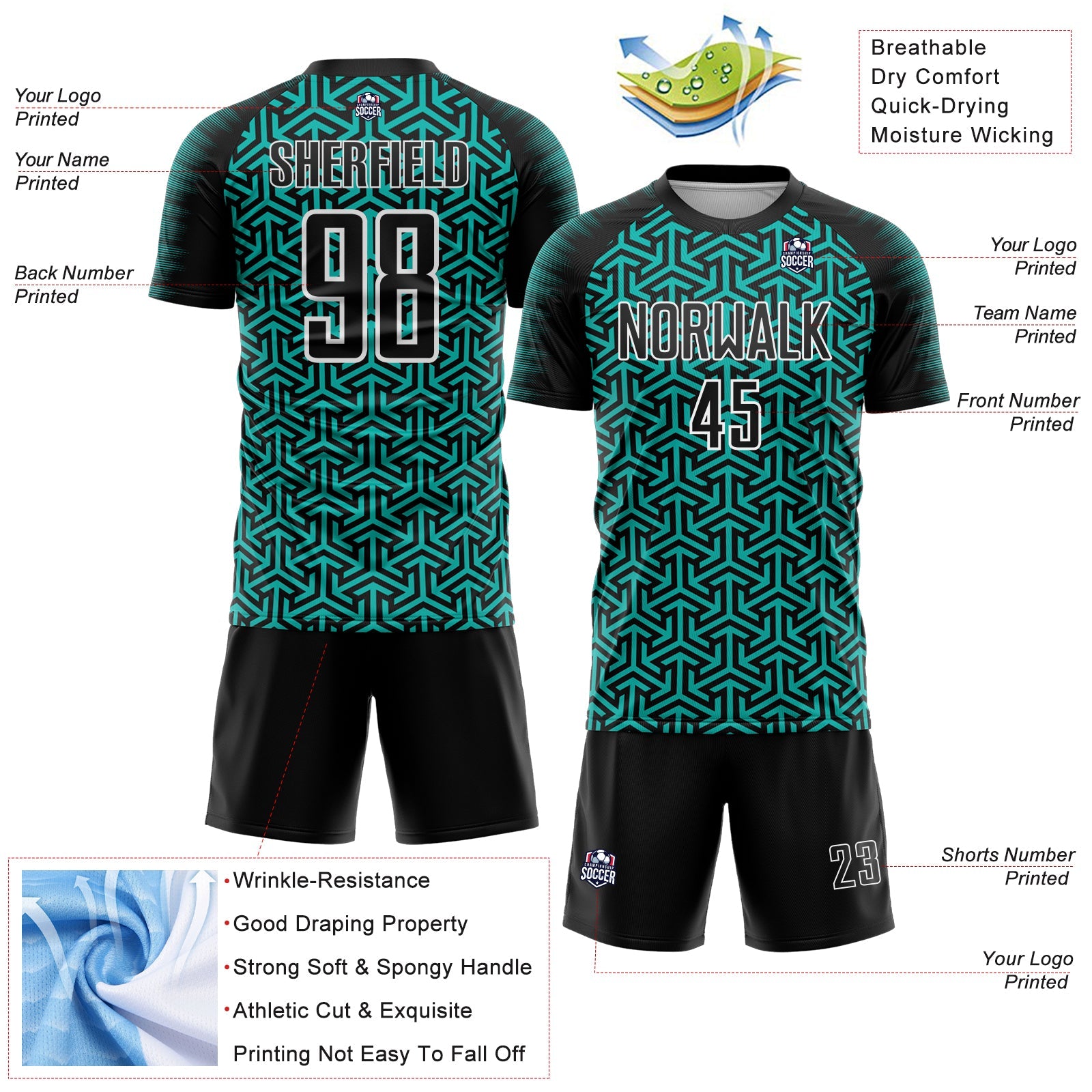 Custom Black Aqua-White Geometric Arrow Sublimation Soccer Uniform Jersey