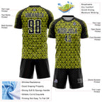 Custom Black Neon Yellow-White Geometric Arrow Sublimation Soccer Uniform Jersey