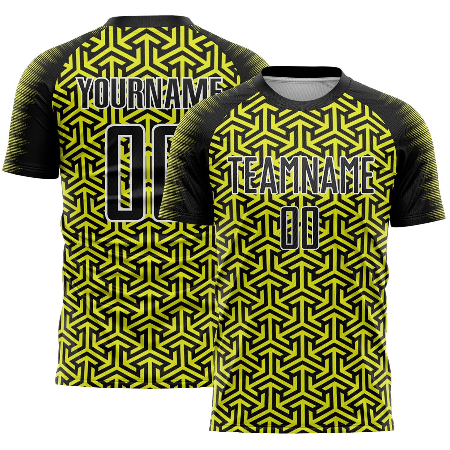 Custom Black Neon Yellow-White Geometric Arrow Sublimation Soccer Uniform Jersey