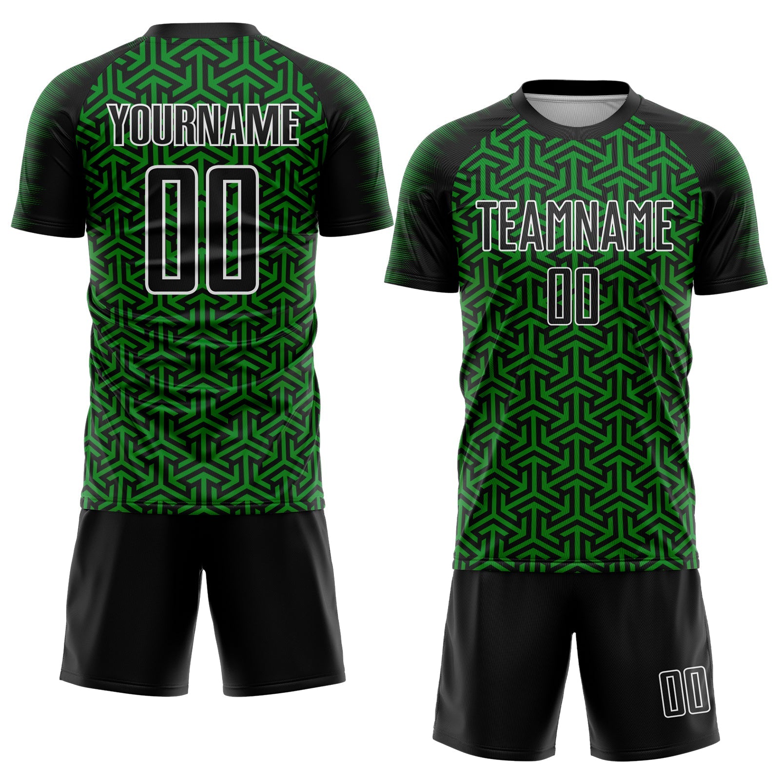 Custom Black Grass Green-White Geometric Arrow Sublimation Soccer Uniform Jersey