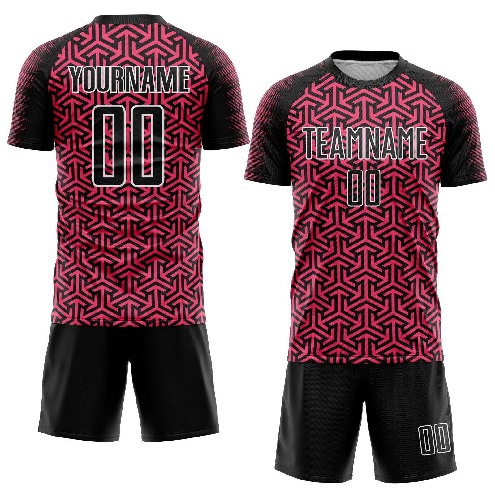 Custom Black Neon Pink-White Geometric Arrow Sublimation Soccer Uniform Jersey