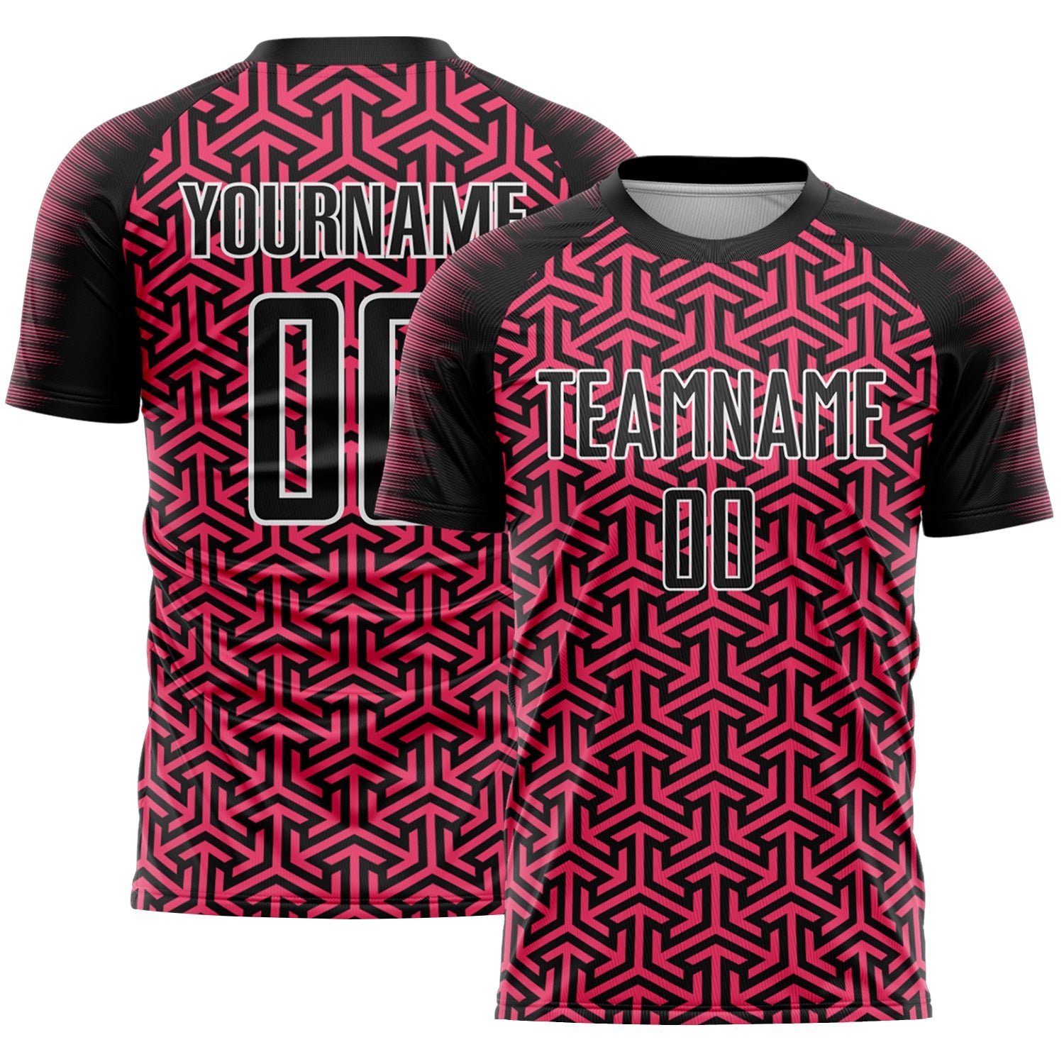 Custom Black Neon Pink-White Geometric Arrow Sublimation Soccer Uniform Jersey