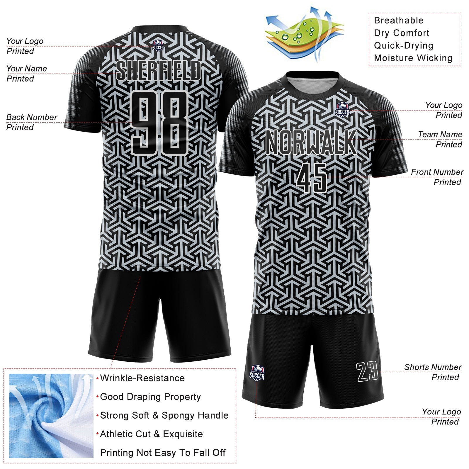 Custom Black Silver-White Geometric Arrow Sublimation Soccer Uniform Jersey