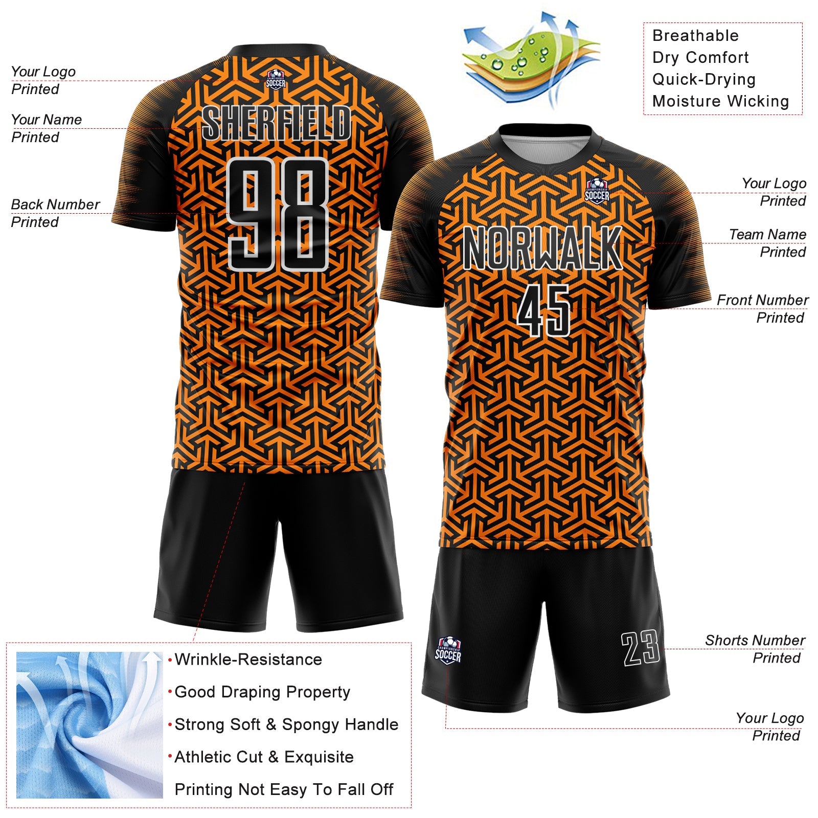 Custom Black Bay Orange-White Geometric Arrow Sublimation Soccer Uniform Jersey