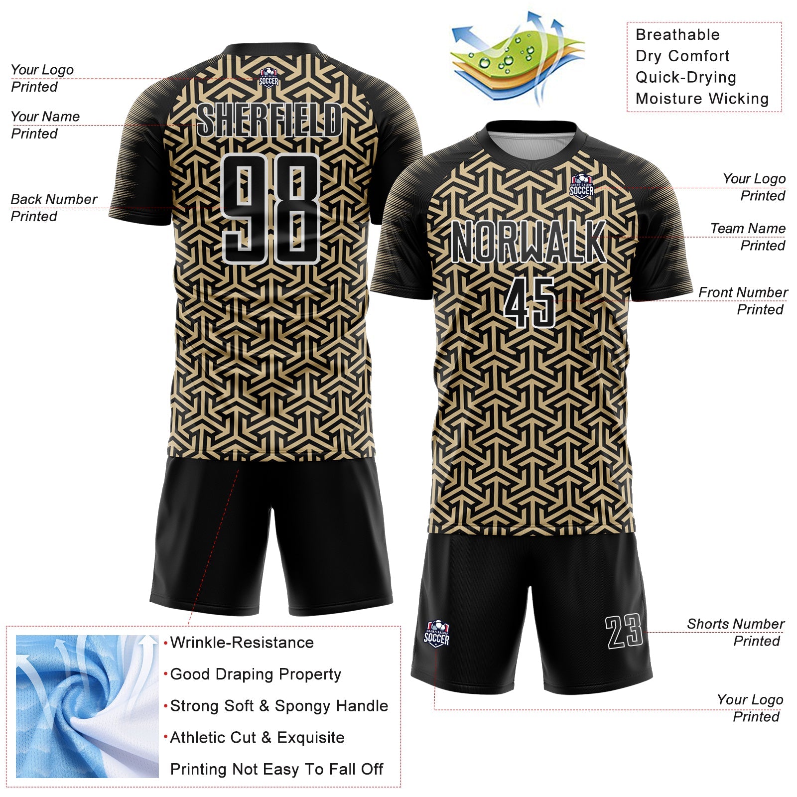 Custom Black Vegas Gold-White Geometric Arrow Sublimation Soccer Uniform Jersey