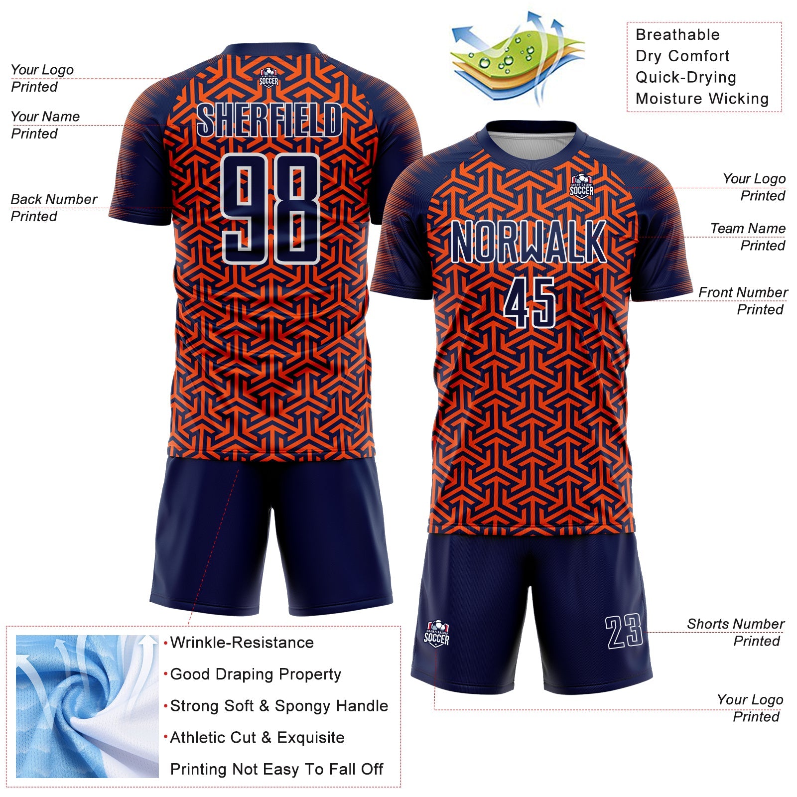 Custom Navy Orange-White Geometric Arrow Sublimation Soccer Uniform Jersey