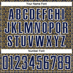Custom Navy Old Gold-White Geometric Arrow Sublimation Soccer Uniform Jersey