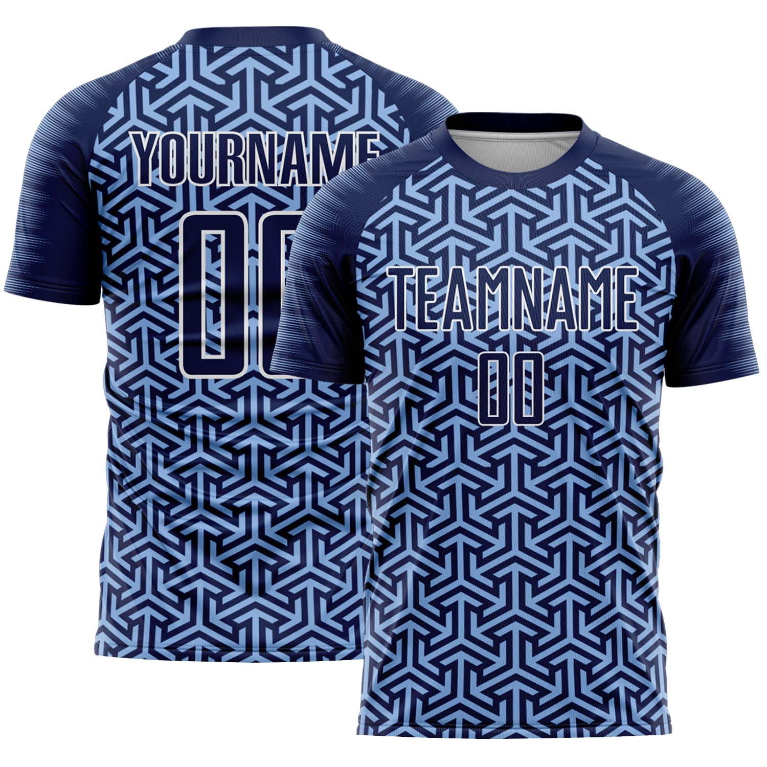 Custom Navy Light Blue-White Geometric Arrow Sublimation Soccer Uniform Jersey