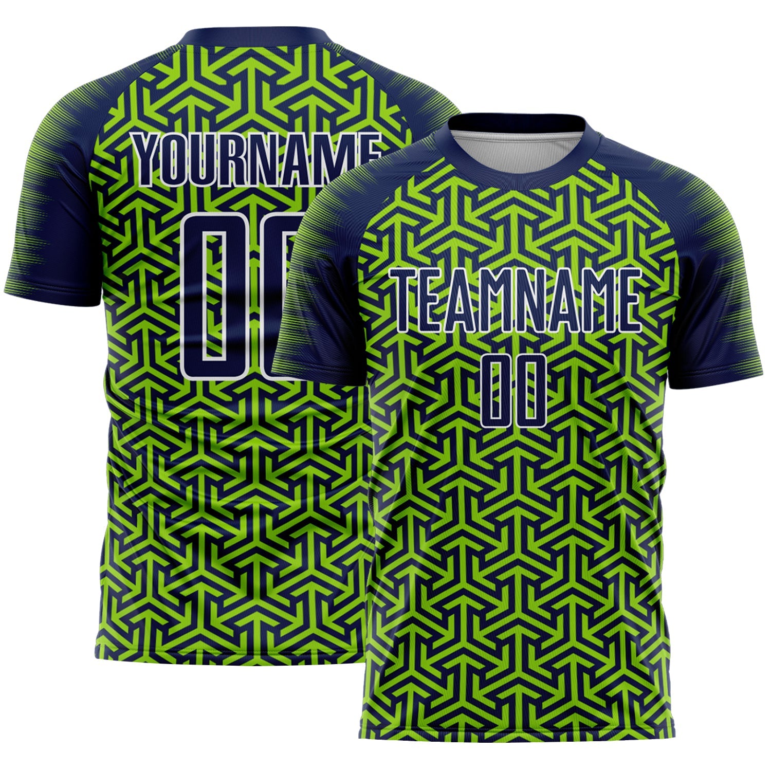 Custom Navy Neon Green-White Geometric Arrow Sublimation Soccer Uniform Jersey