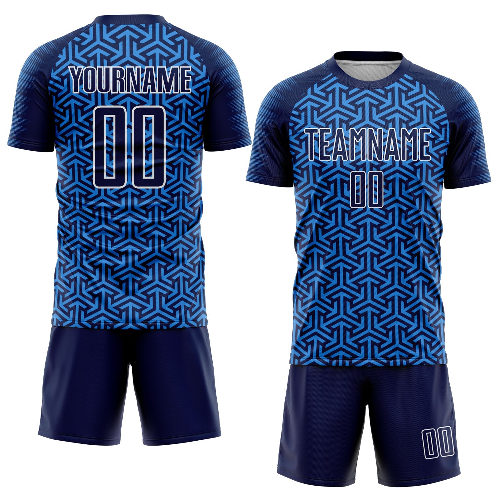 Custom Navy Powder Blue-White Geometric Arrow Sublimation Soccer Uniform Jersey