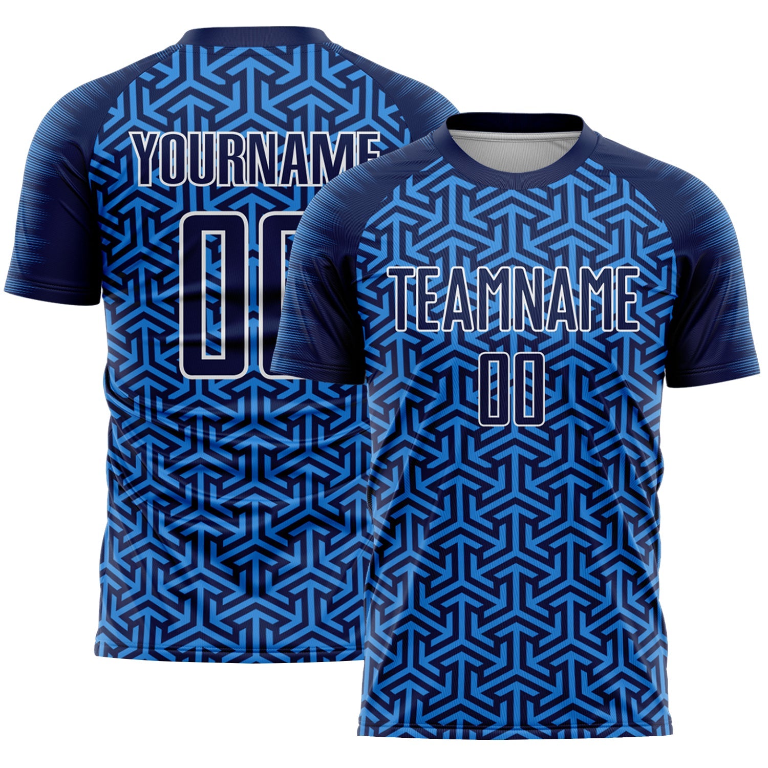 Custom Navy Powder Blue-White Geometric Arrow Sublimation Soccer Uniform Jersey