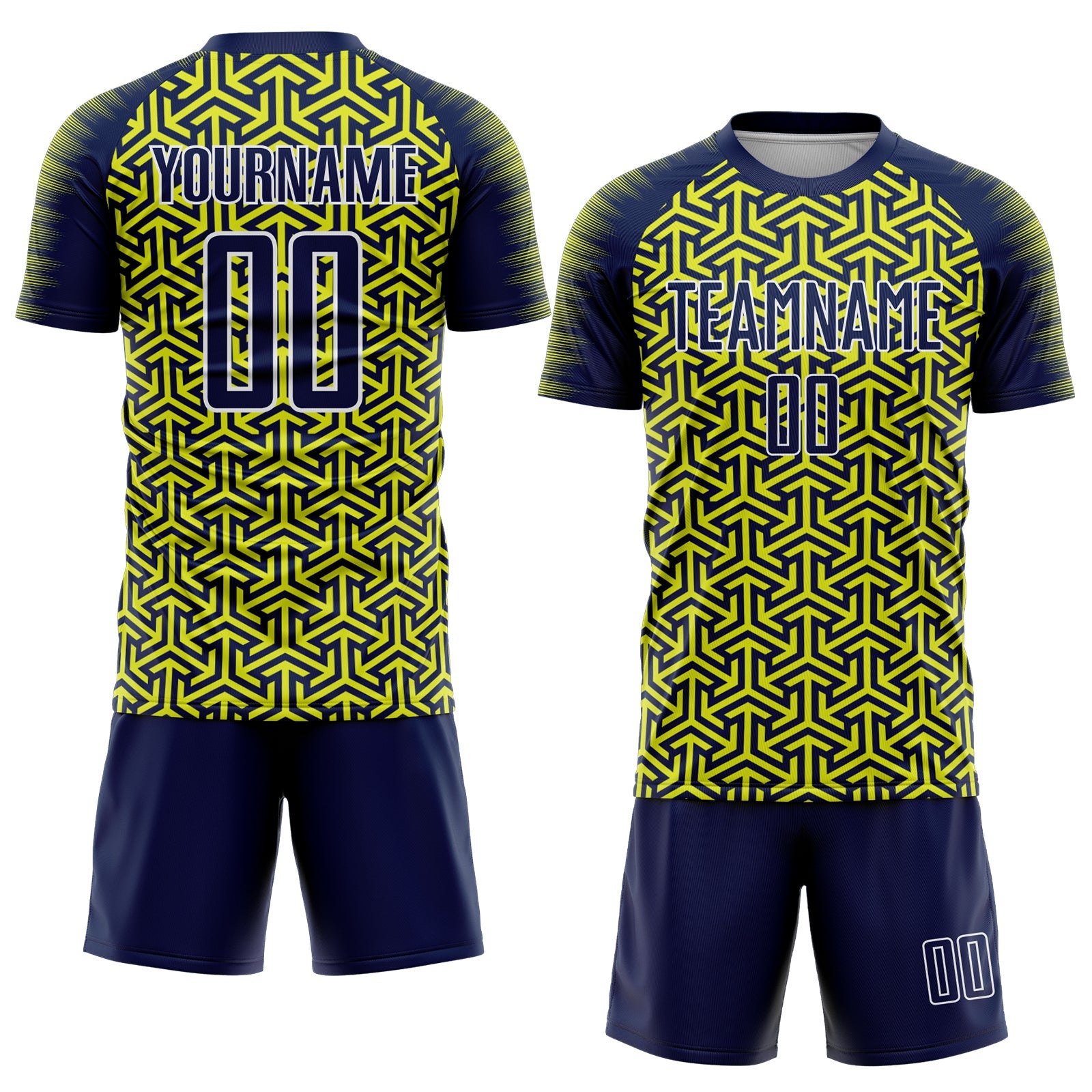 Custom Navy Neon Yellow-White Geometric Arrow Sublimation Soccer Uniform Jersey