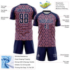 Custom Navy Medium Pink-White Geometric Arrow Sublimation Soccer Uniform Jersey