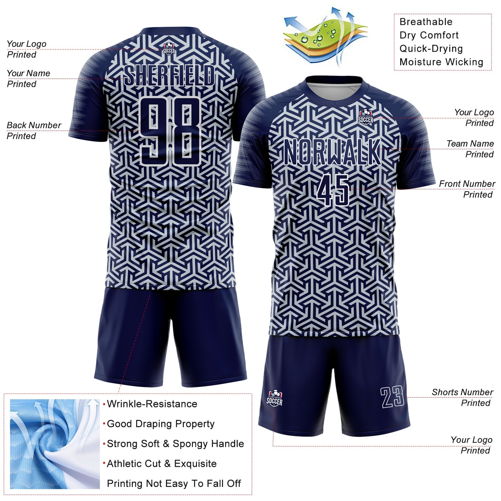 Custom Navy Silver-White Geometric Arrow Sublimation Soccer Uniform Jersey