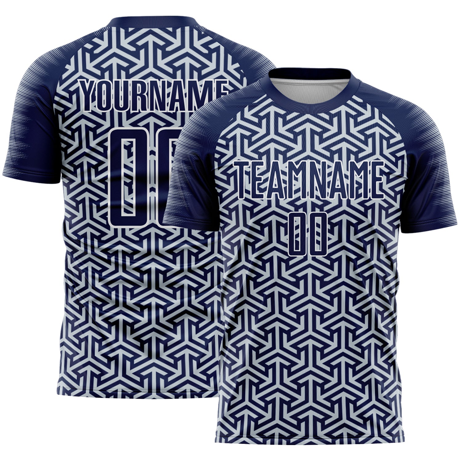 Custom Navy Silver-White Geometric Arrow Sublimation Soccer Uniform Jersey