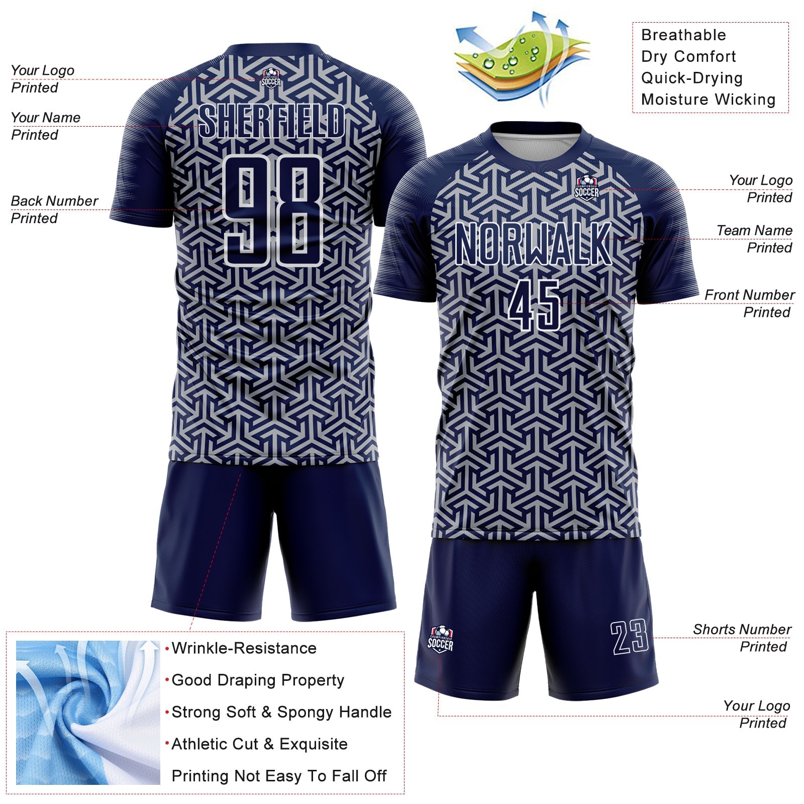 Custom Navy Gray-White Geometric Arrow Sublimation Soccer Uniform Jersey