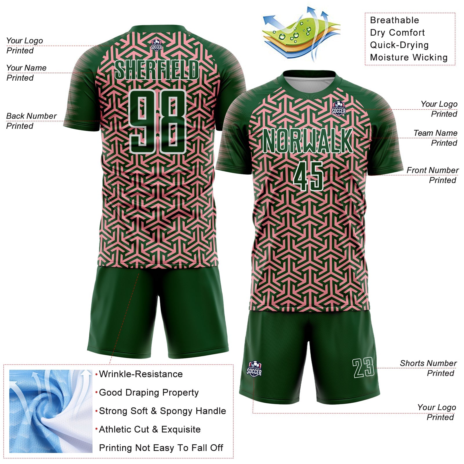 Custom Green Medium Pink-White Geometric Arrow Sublimation Soccer Uniform Jersey