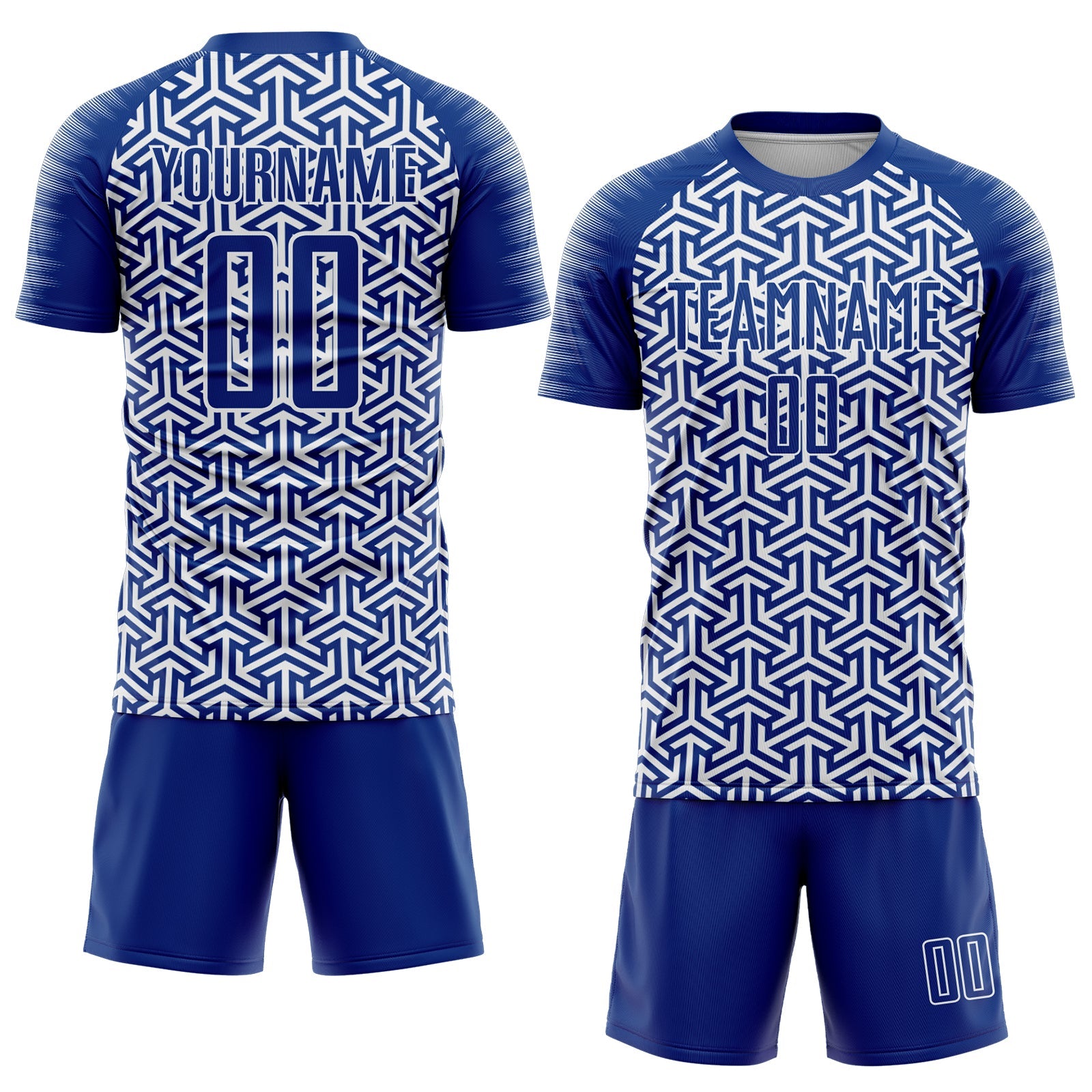 Custom Royal White Geometric Arrow Sublimation Soccer Uniform Jersey