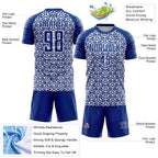Custom Royal White Geometric Arrow Sublimation Soccer Uniform Jersey