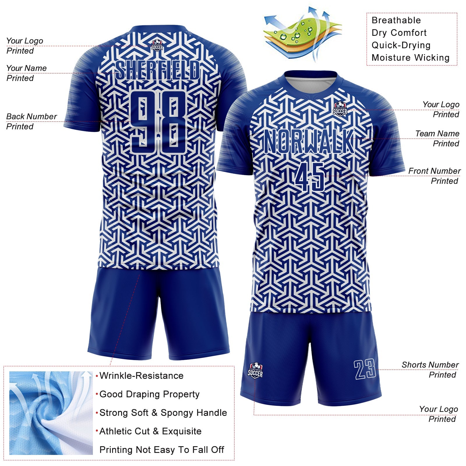 Custom Royal White Geometric Arrow Sublimation Soccer Uniform Jersey