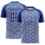 Custom Royal White Geometric Arrow Sublimation Soccer Uniform Jersey