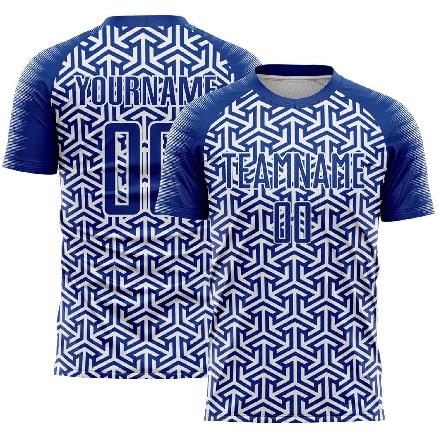 Custom Royal White Geometric Arrow Sublimation Soccer Uniform Jersey