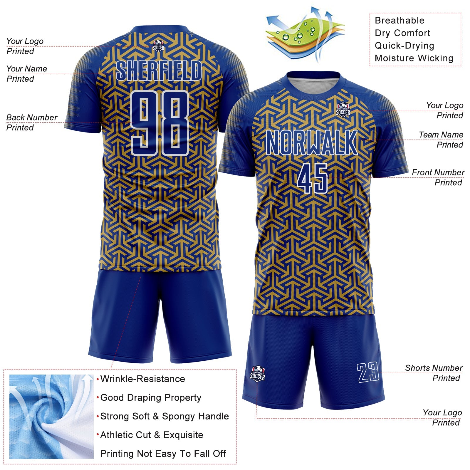 Custom Royal Old Gold-White Geometric Arrow Sublimation Soccer Uniform Jersey